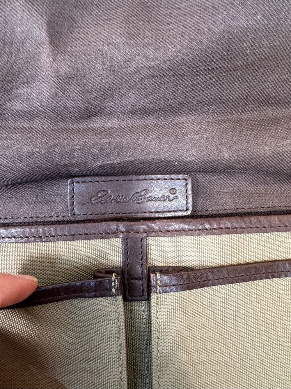 Eddie Bauer Tan Canvas Messenger Bag with Brown Leather Trim